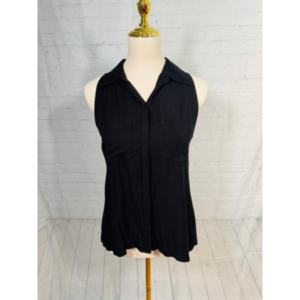 INC International Concepts Black Sleeveless Button‎ Down Blouse Small Rayon EUC